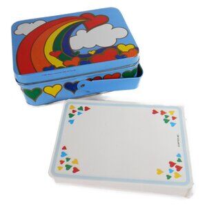 Vtg 1980s Gift Co 5" Rainbow & Heart Note Card Tin w/ Notepad Stationery Brite